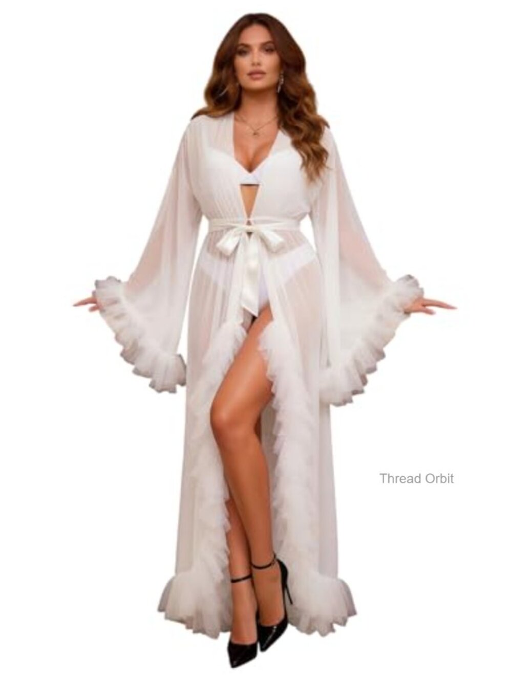 Plus Size Sheer Robe Tulle Lace Kimono Lingerie Bridal Boudoir